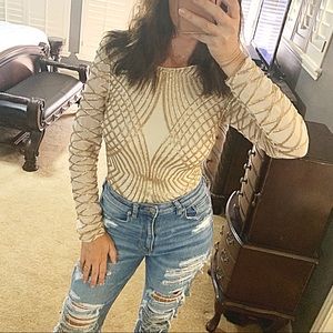 🆕*Bebe* Open Back Sequin Long-Sleeve Bodysuit M